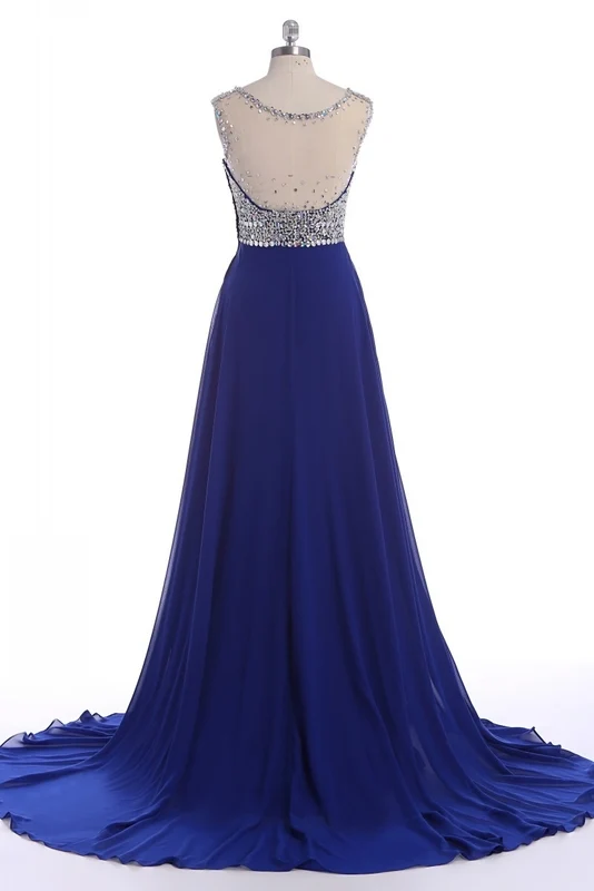 Robe de soirée fluide en mousseline de soie bleu royal, robe de bal longue