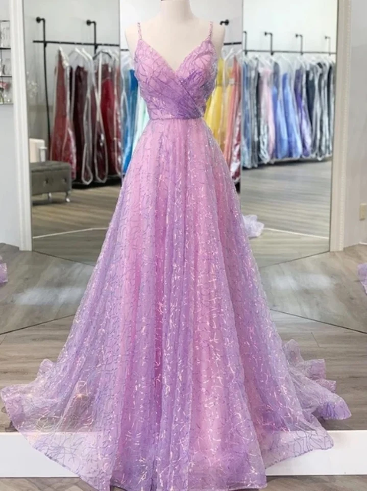 Robe de soirée lilas à bretelles spaghetti, robe de bal