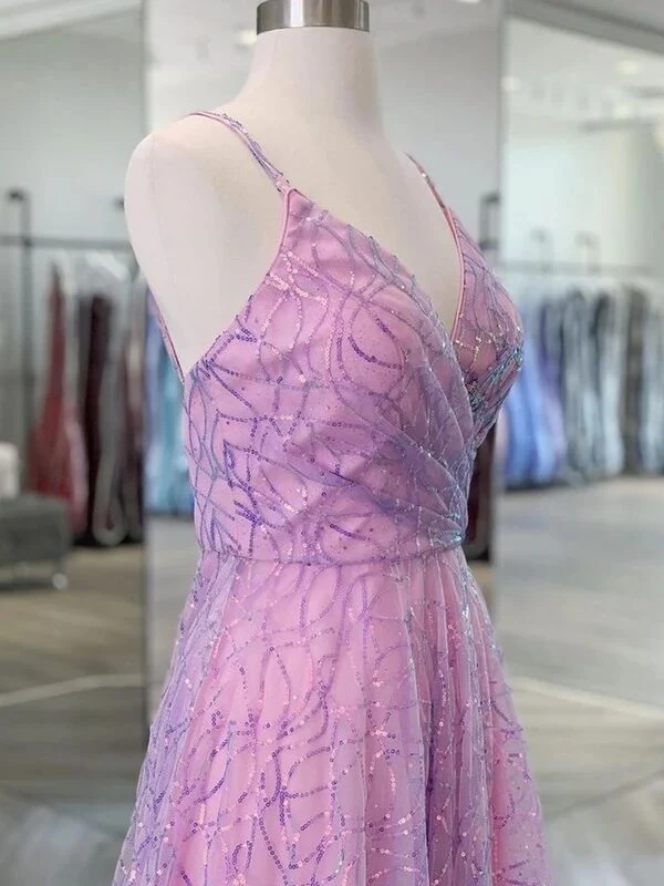Robe de soirée lilas à bretelles spaghetti, robe de bal