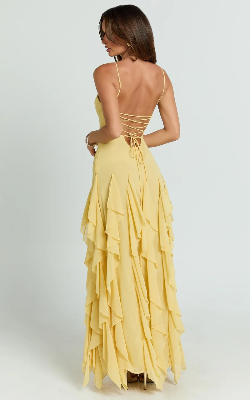 Maeve Maxi Dress - V Neck Ruffle Tier Slip Dress in Lemon