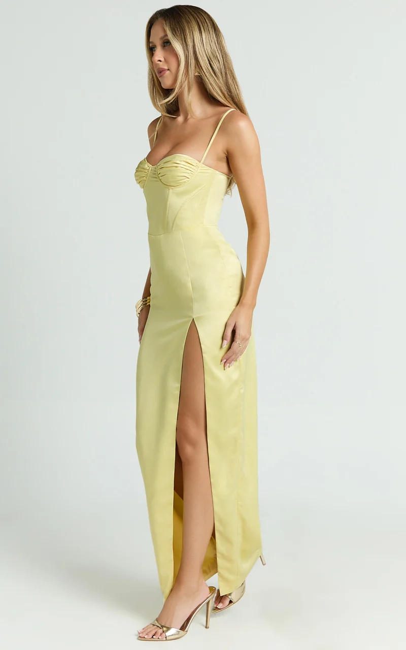 Vinny Maxi Dress - Sweetheart Neck High Leg Split Bodycon Dress in Lemon