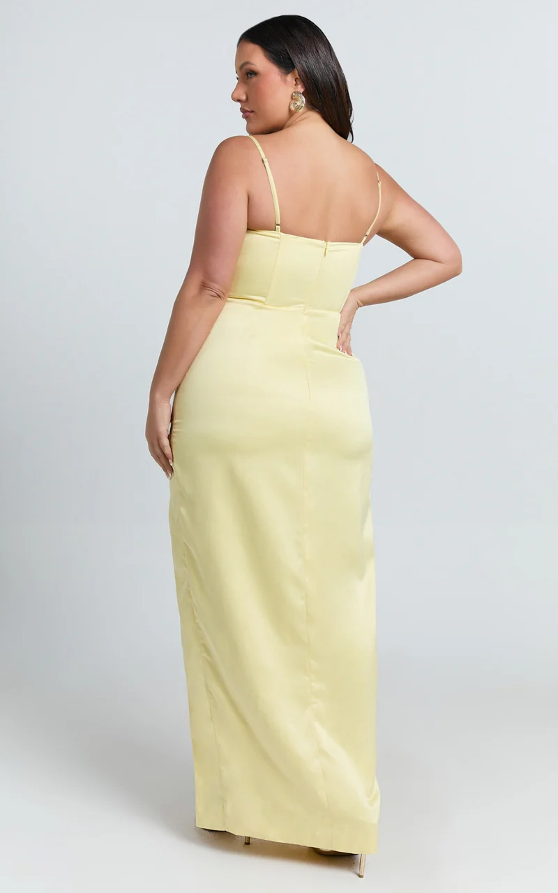 Vinny Maxi Dress - Sweetheart Neck High Leg Split Bodycon Dress in Lemon