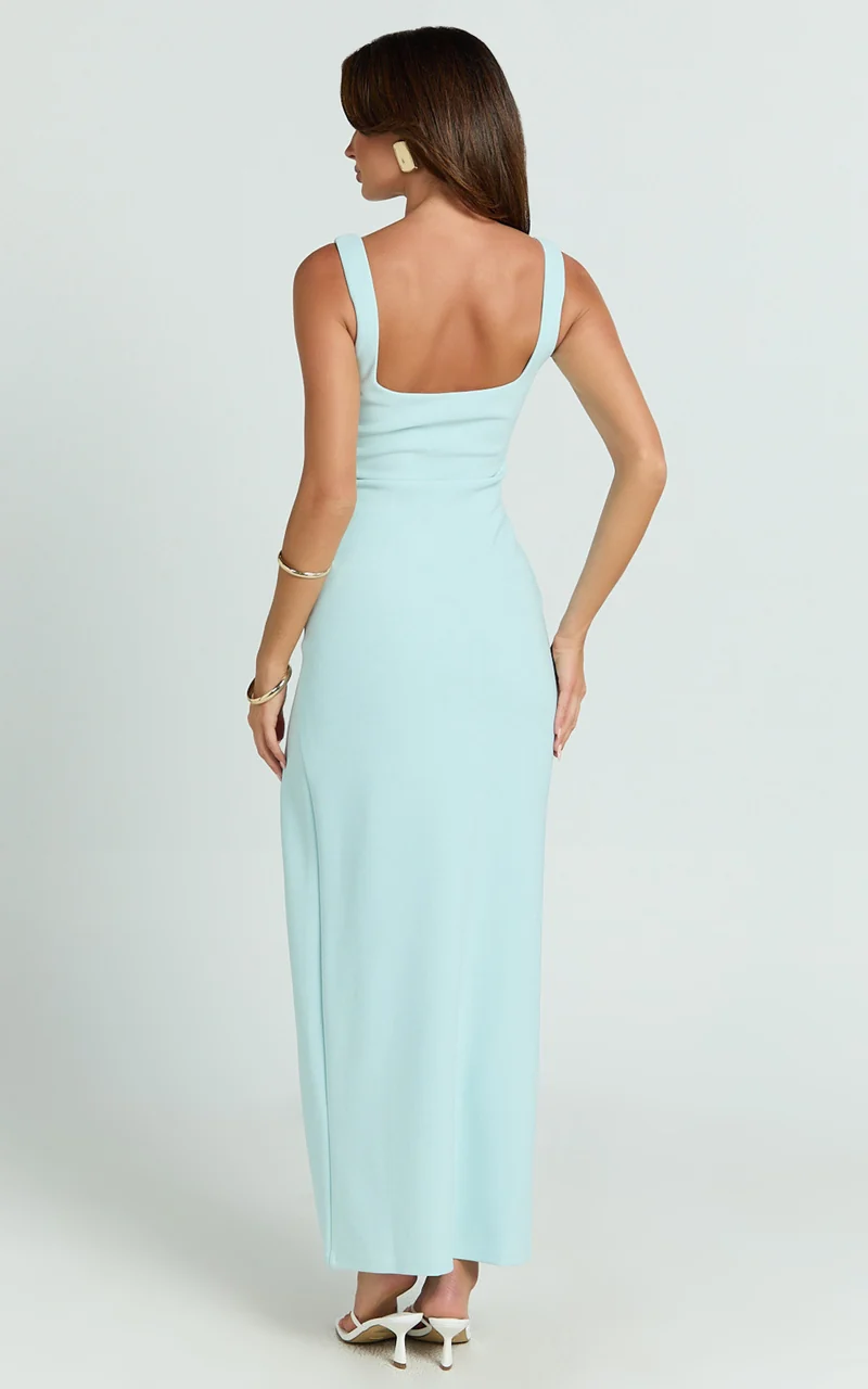 Tessa Maxi Dress - Square Neck Ruched Side Bodycon Dress in Light Blue