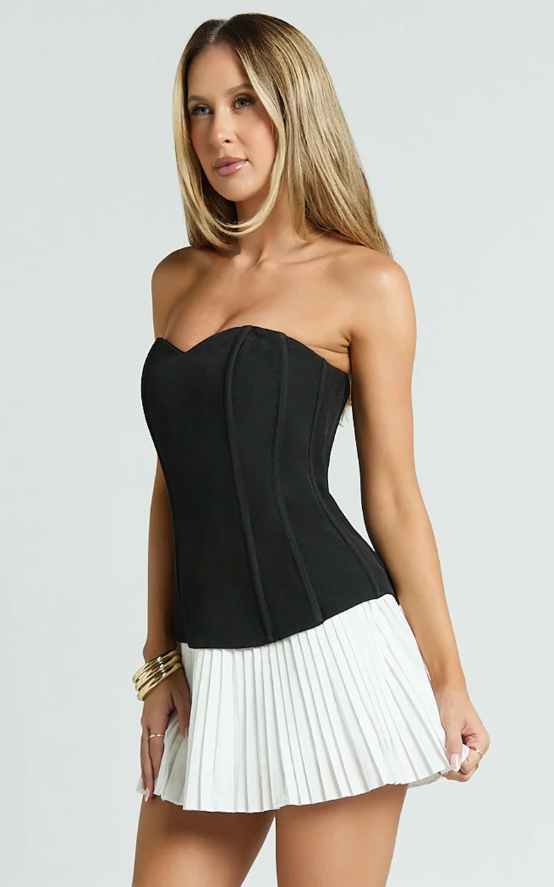 Deb Mini Dress - Strapless Sweetheart Contrast Bodice Pleated Dress in White/Black