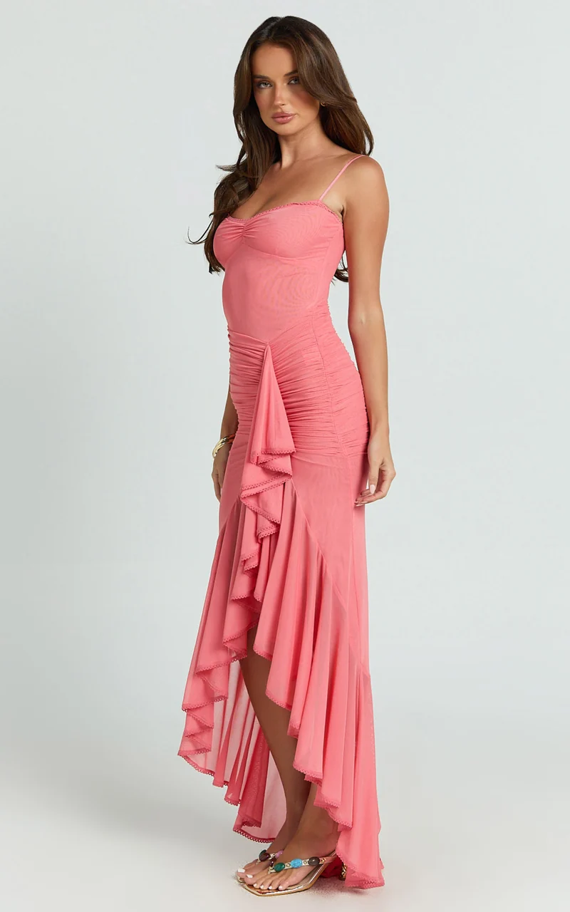 Brionna Maxi Dress - Lace Neck Ruched Ruffle Hem Dress in Strawberry