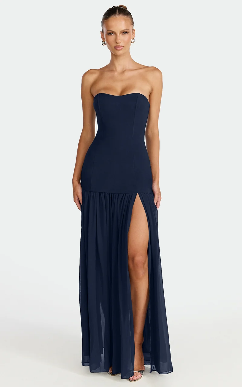 Jocelyn Maxi Dress - Strapless Ruched Fit And Flare Dress in Navy