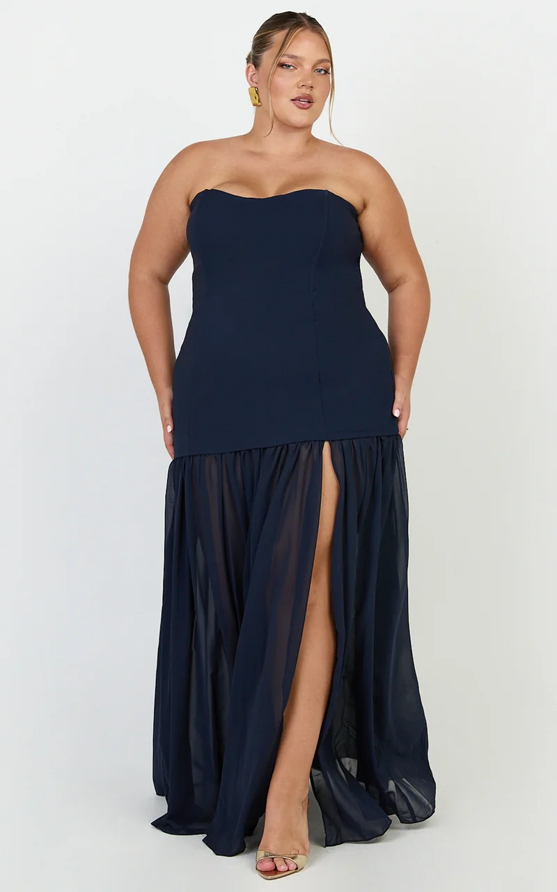 Jocelyn Maxi Dress - Strapless Ruched Fit And Flare Dress in Navy