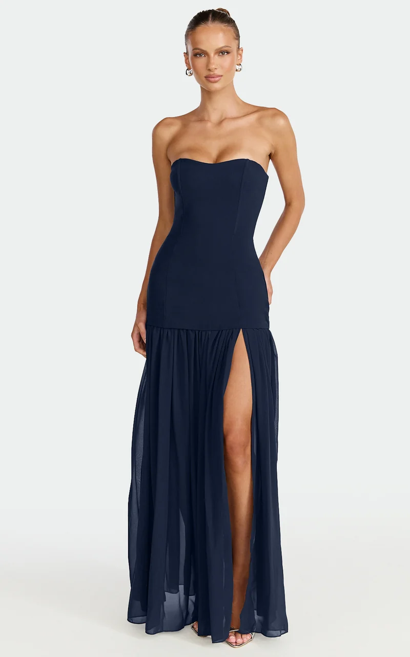Jocelyn Maxi Dress - Strapless Ruched Fit And Flare Dress in Navy
