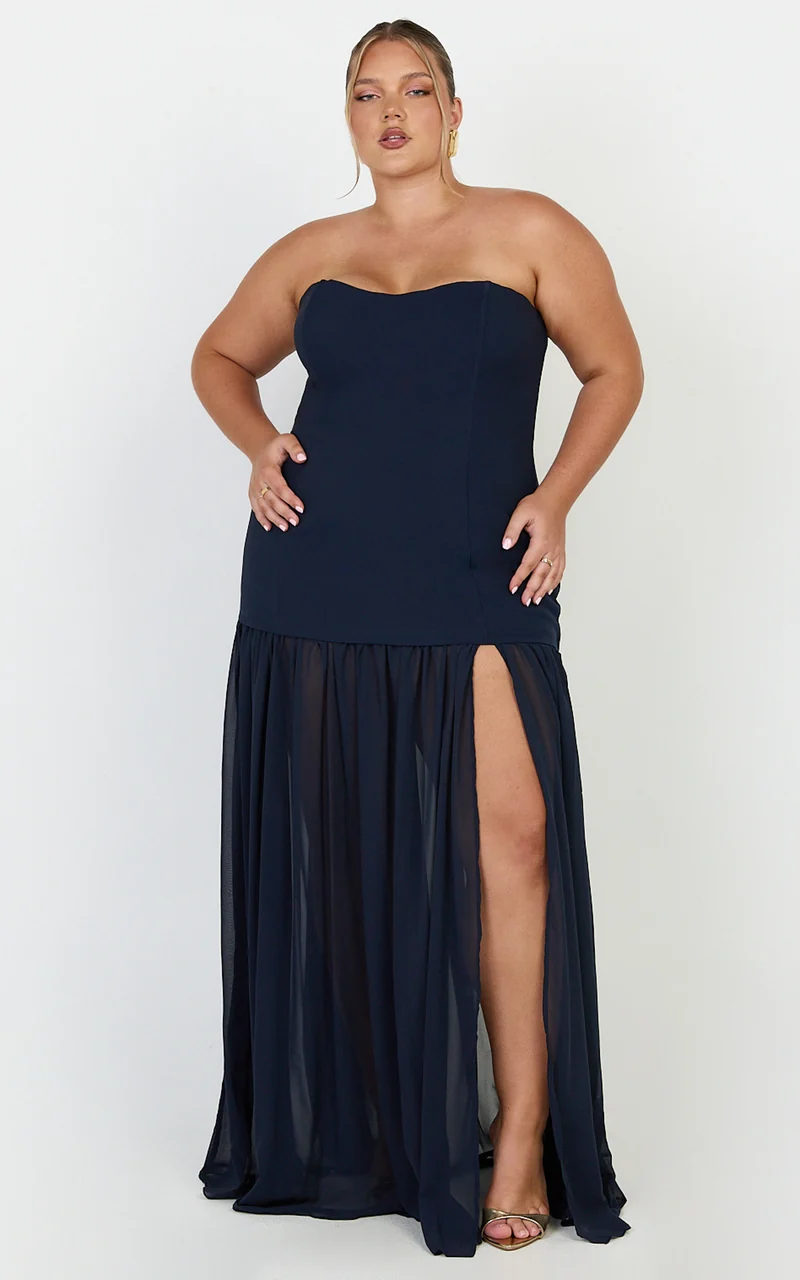 Jocelyn Maxi Dress - Strapless Ruched Fit And Flare Dress in Navy