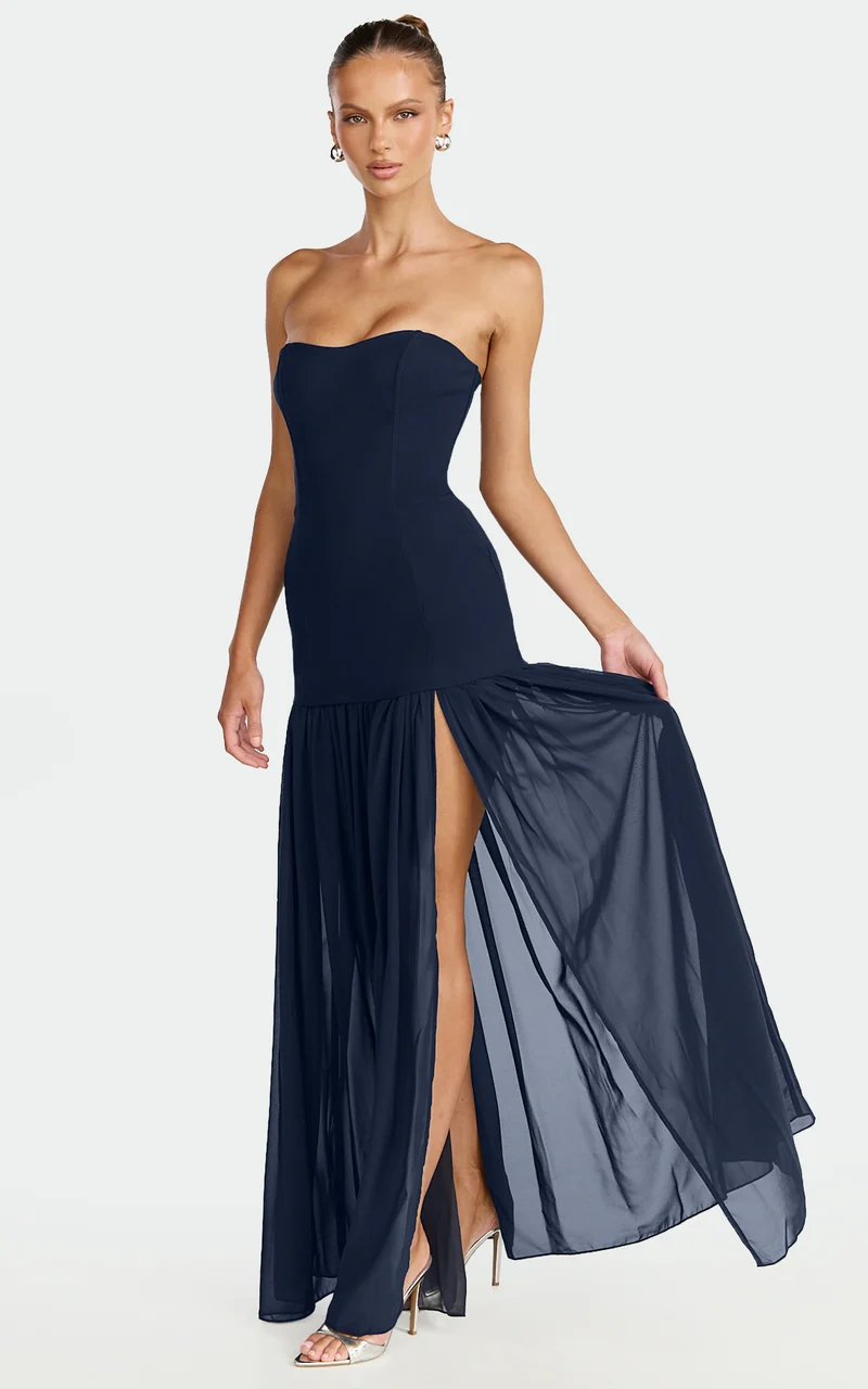 Jocelyn Maxi Dress - Strapless Ruched Fit And Flare Dress in Navy
