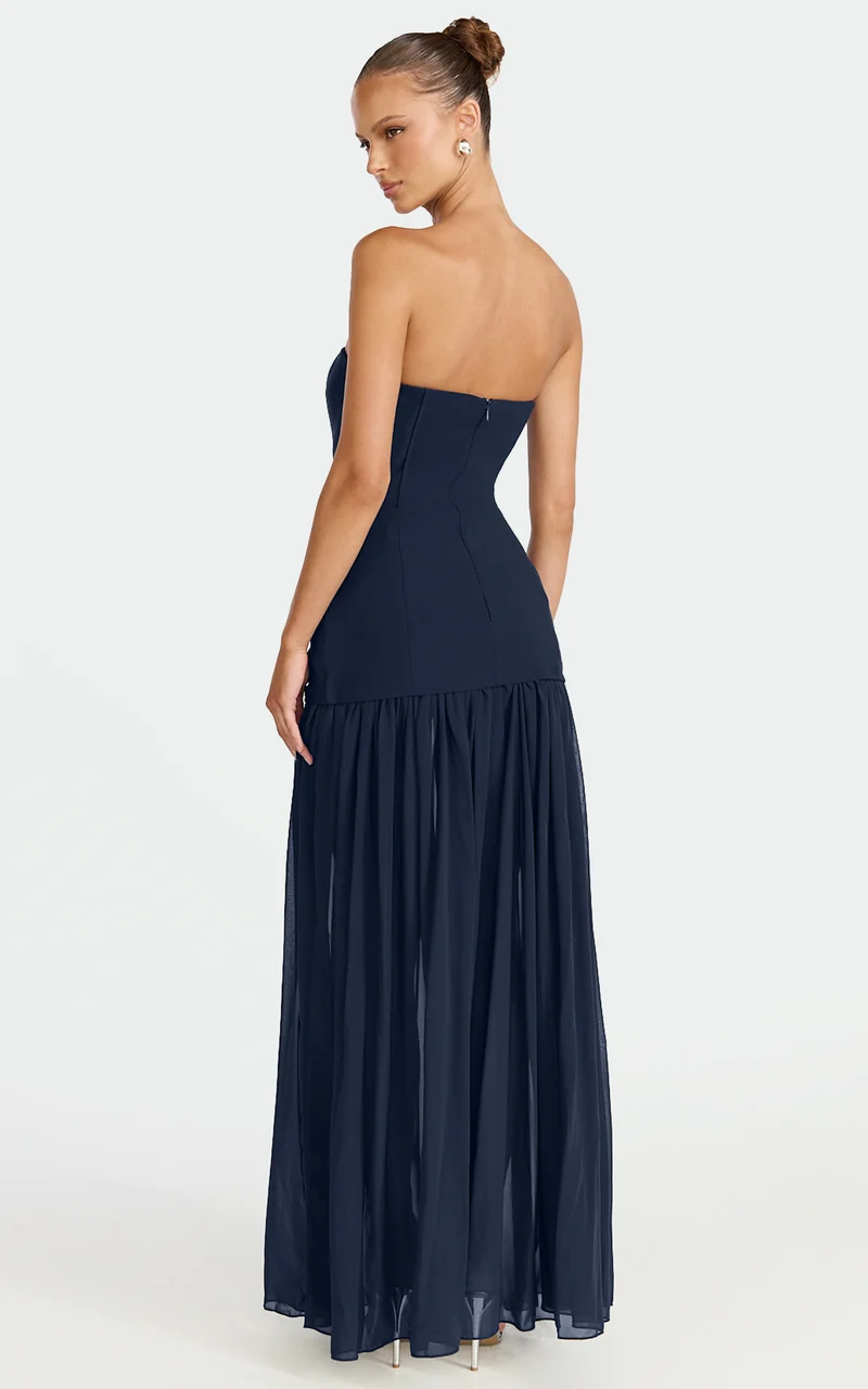Jocelyn Maxi Dress - Strapless Ruched Fit And Flare Dress in Navy