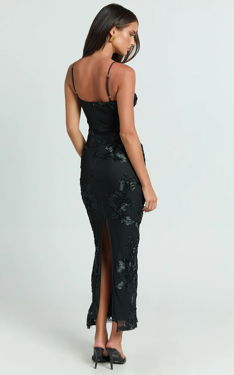 Mina Midi Dress - Embroidered Mesh Dress in Black