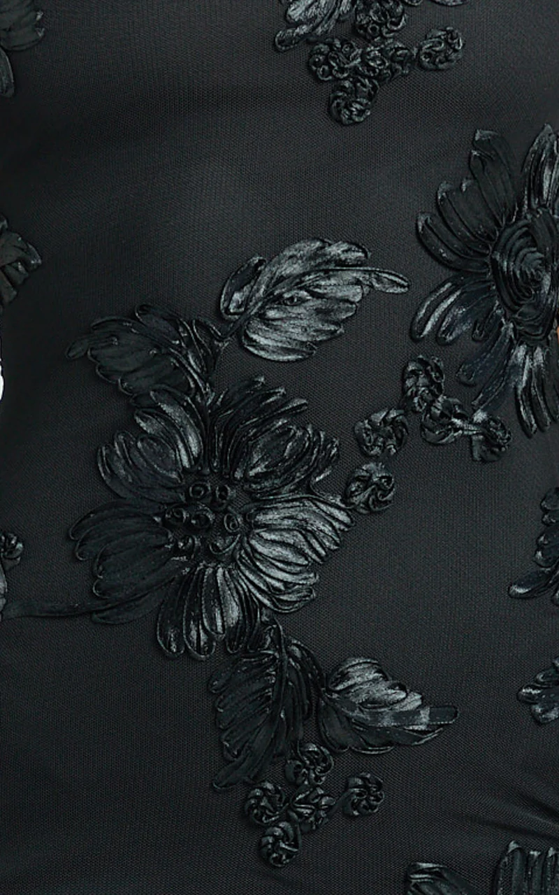 Mina Midi Dress - Embroidered Mesh Dress in Black