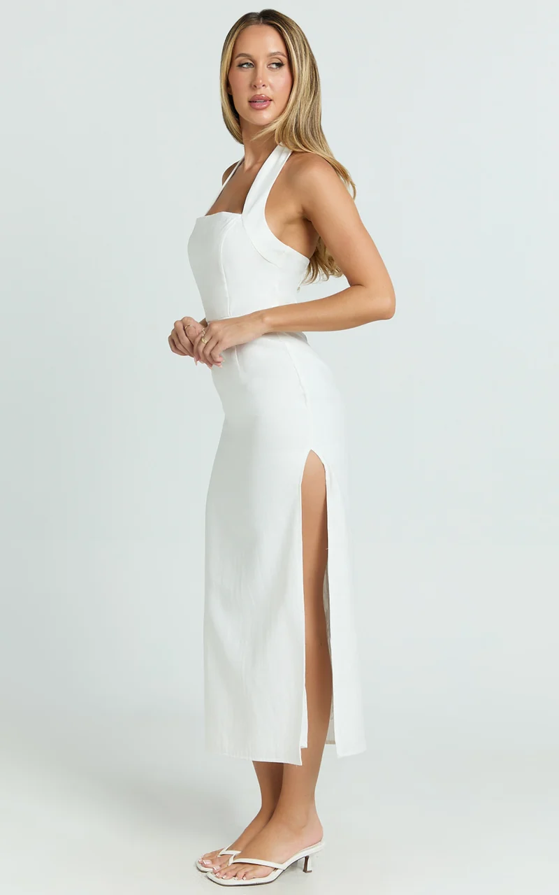 Darcy Midi Dress - Halter Fitted Side Split Dress in White