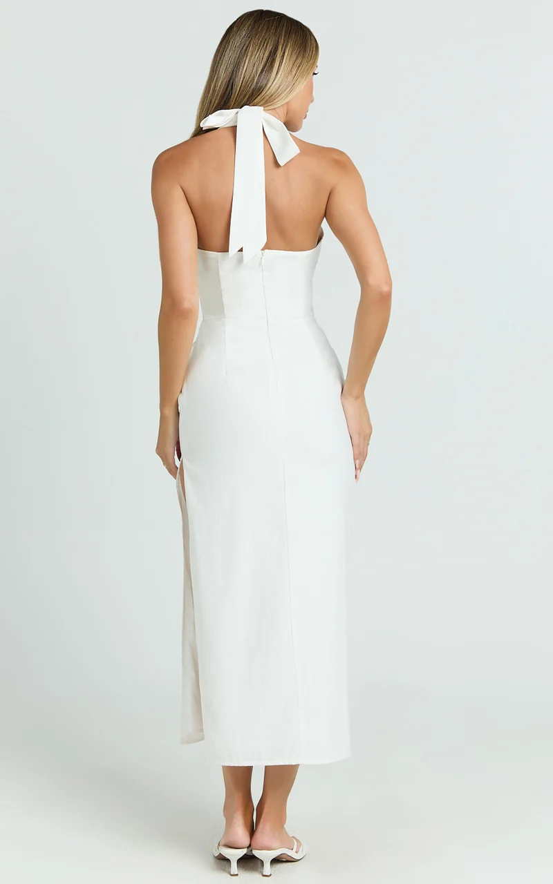 Darcy Midi Dress - Halter Fitted Side Split Dress in White