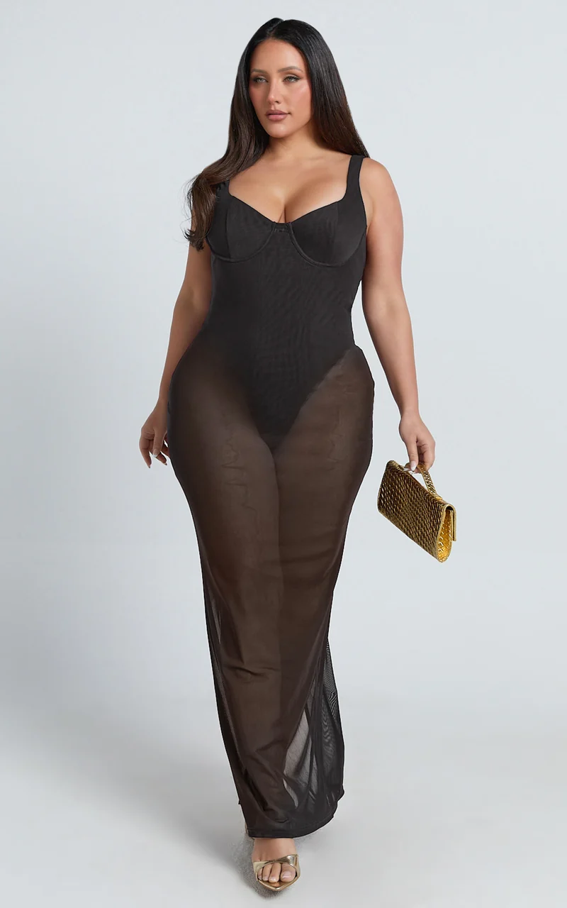 Laney Maxi Dress - Mesh Sweetheart Neck Bodycon Dress in Black