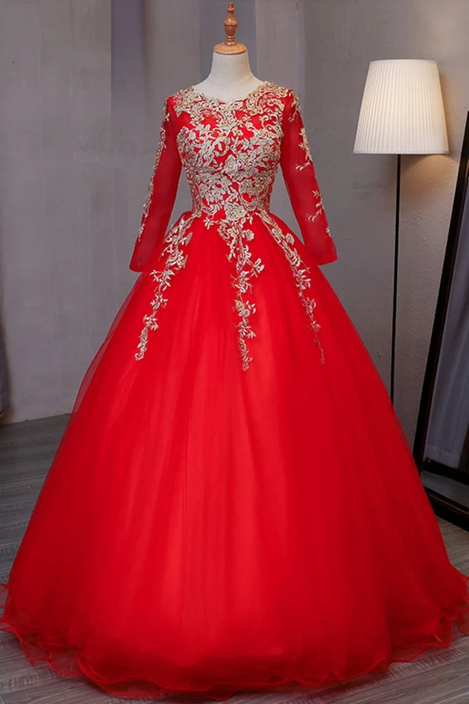 Robe rouge bouffante à manches longues Sweet 15, robe de Quinceanera