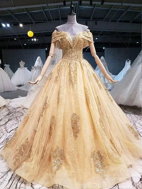 Paillettes épaules dénudées robe dorée Sweet 15 robe formelle