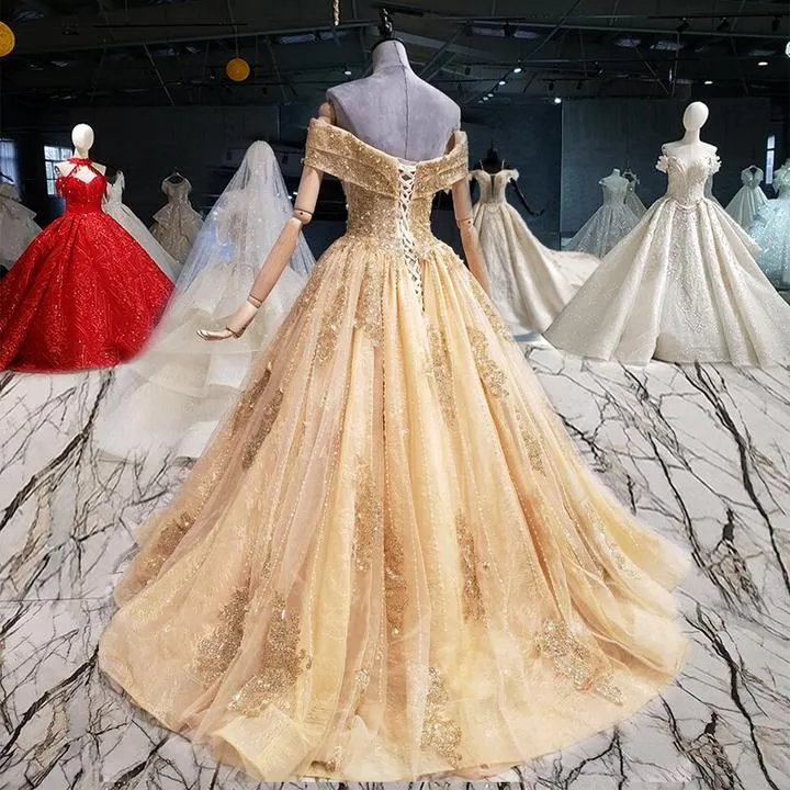 Paillettes épaules dénudées robe dorée Sweet 15 robe formelle