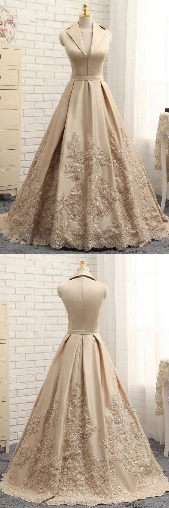 Robe de mariée en dentelle champagne à col châle
