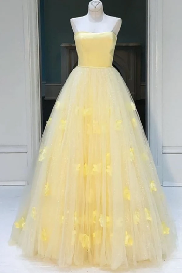 Robe de bal de bal sans bretelles jaune gonflée, robe de danse de 8e année