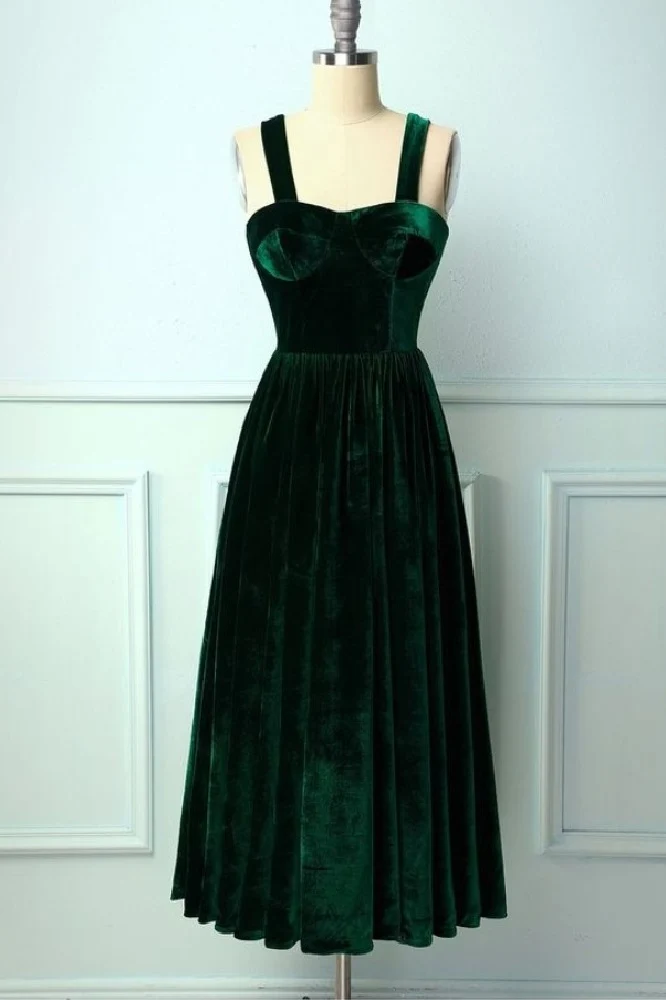 Robe de soirée en velours vert émeraude vintage, longueur thé, robe de bal