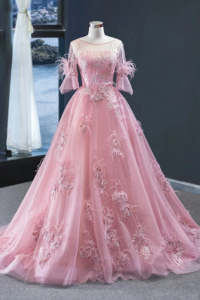 Robe de bal rose blush avec manches robe formelle rose longue