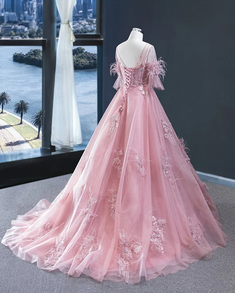 Robe de bal rose blush avec manches robe formelle rose longue