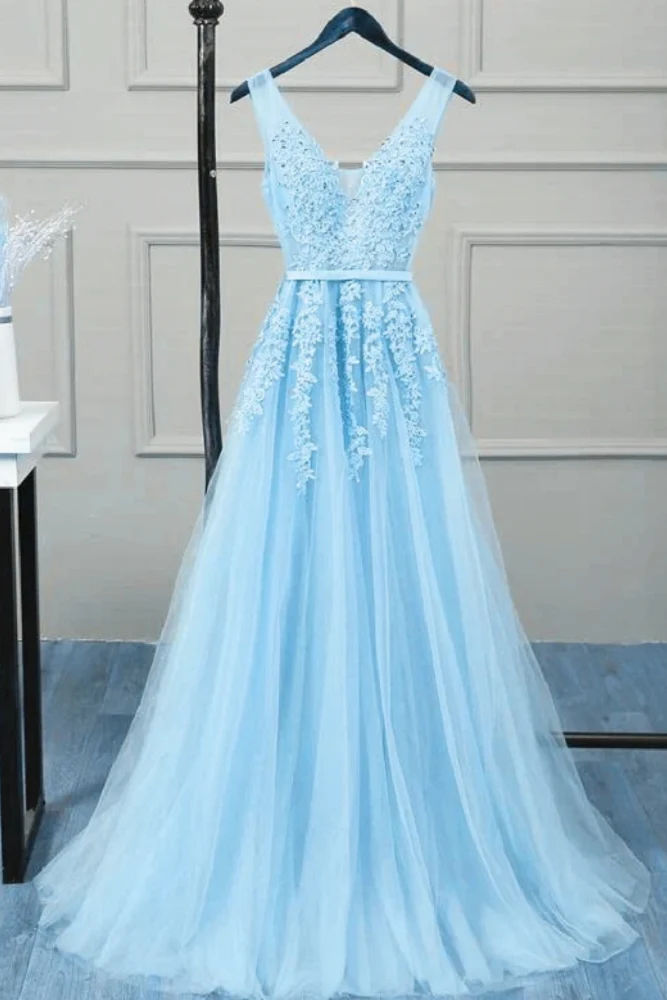 Romantique Tulle Dentelle V Dos Ciel Bleu Voir À Travers Robe De Bal Robe Formelle