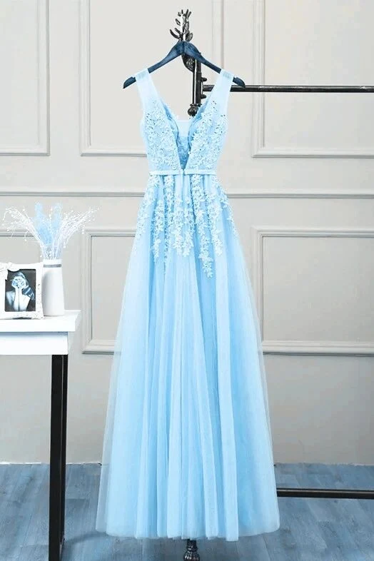 Romantique Tulle Dentelle V Dos Ciel Bleu Voir À Travers Robe De Bal Robe Formelle