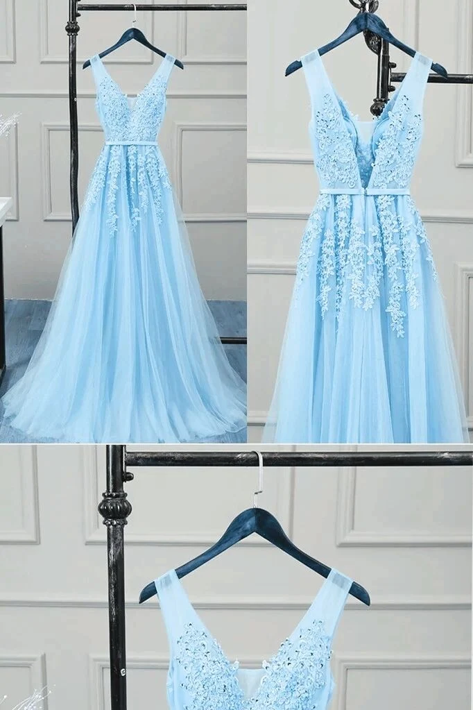 Romantique Tulle Dentelle V Dos Ciel Bleu Voir À Travers Robe De Bal Robe Formelle