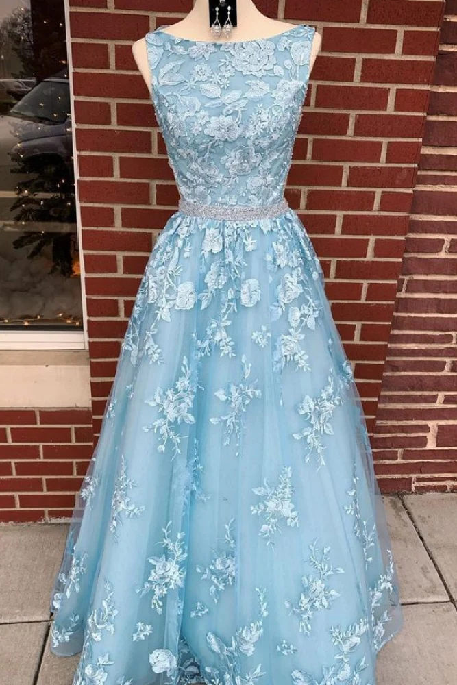 Bleu poussiéreux 2021 Robe de bal trapèze dos nu longue robe de soirée en dentelle bleu poussiéreux #21011220