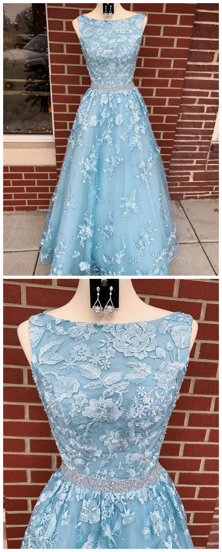 Bleu poussiéreux 2021 Robe de bal trapèze dos nu longue robe de soirée en dentelle bleu poussiéreux #21011220