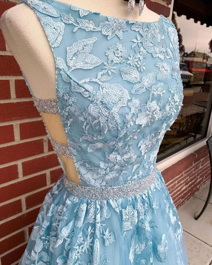 Bleu poussiéreux 2021 Robe de bal trapèze dos nu longue robe de soirée en dentelle bleu poussiéreux #21011220