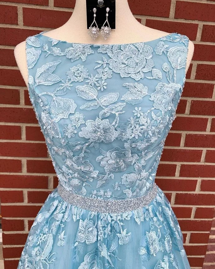 Bleu poussiéreux 2021 Robe de bal trapèze dos nu longue robe de soirée en dentelle bleu poussiéreux #21011220
