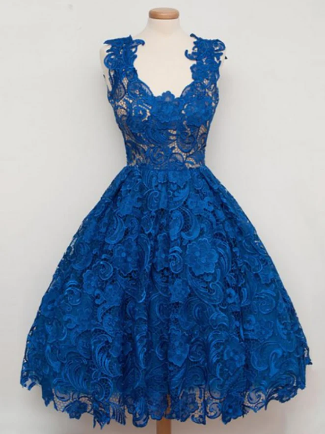 Robe de bal courte de style vintage en dentelle bleu royal Robe de soirée vintage