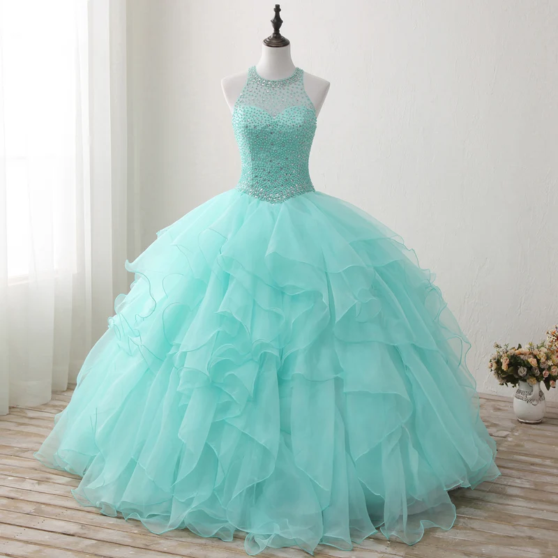 Robes de Quinceanera à la menthe, col licou, dos ouvert, robe de bal mexicaine