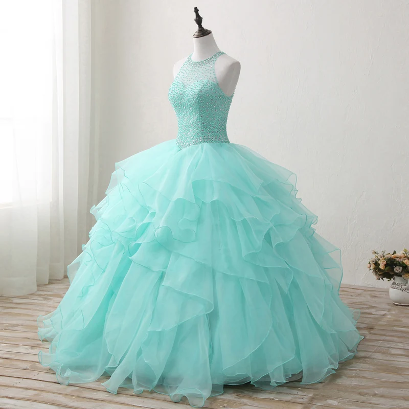 Robes de Quinceanera à la menthe, col licou, dos ouvert, robe de bal mexicaine