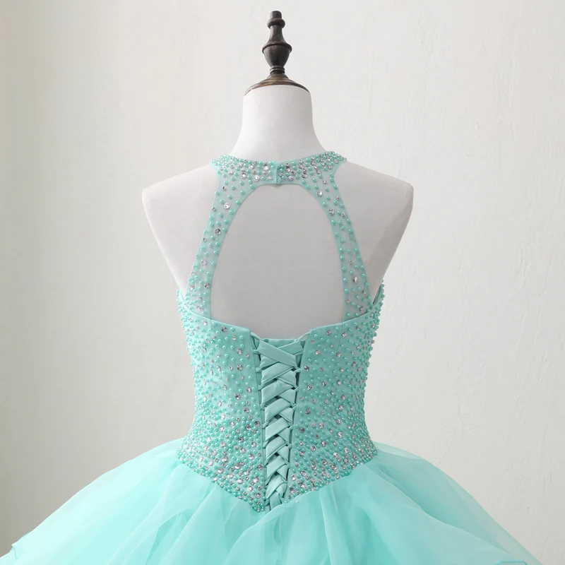 Robes de Quinceanera à la menthe, col licou, dos ouvert, robe de bal mexicaine
