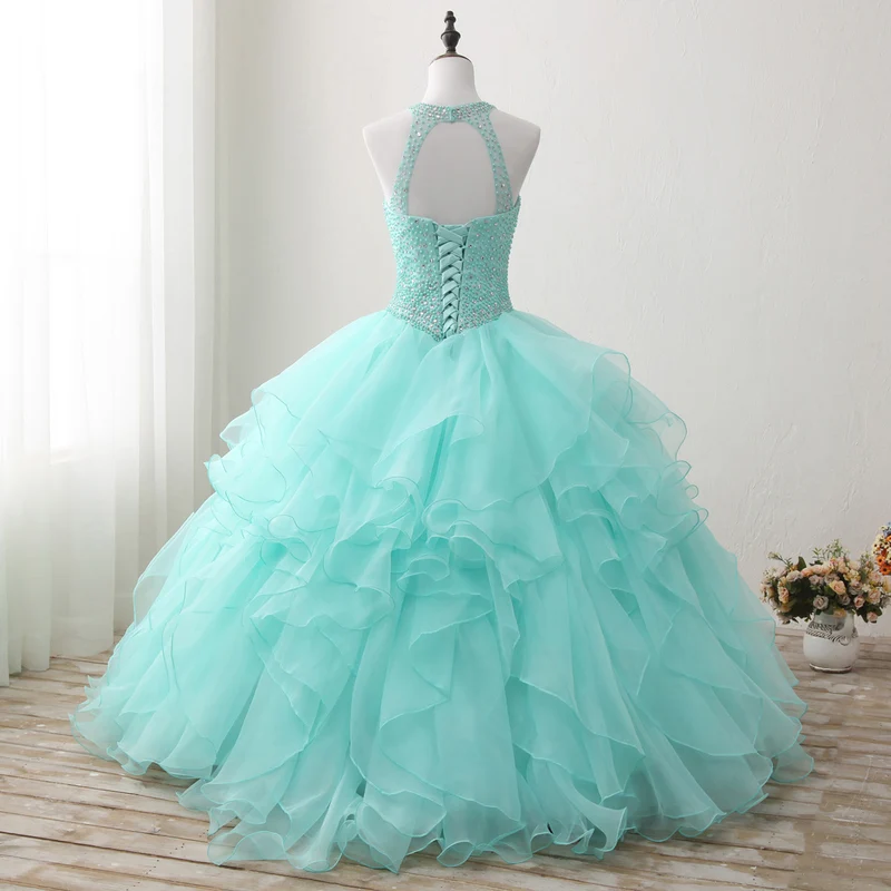 Robes de Quinceanera à la menthe, col licou, dos ouvert, robe de bal mexicaine