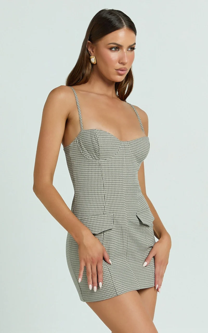 Angela Mini Dress - Sweetheart Neck Bodycon Checkered Dress in Beige Check