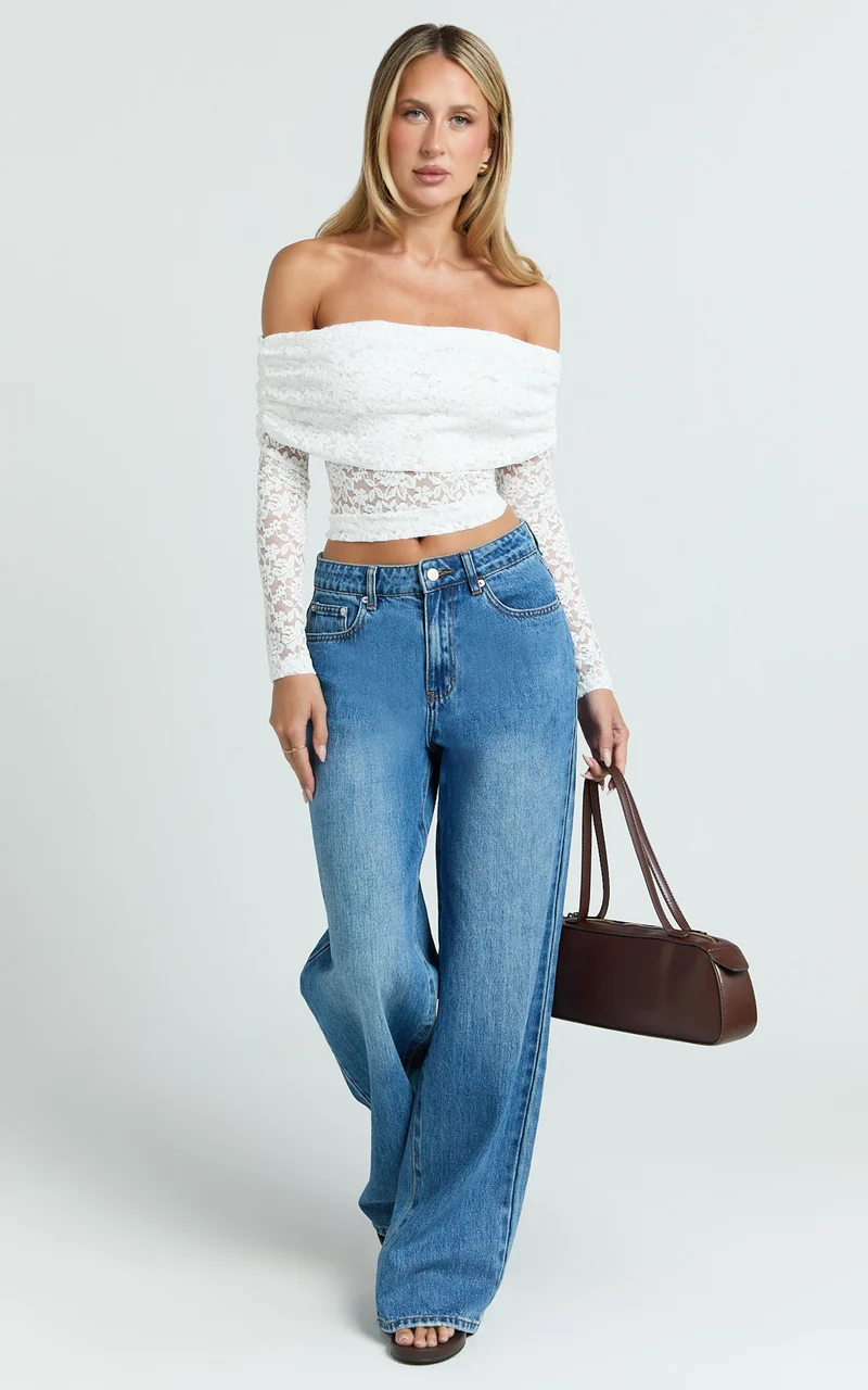 Roxanna Top - Lace Off Shoulder Long Sleeve Top in White