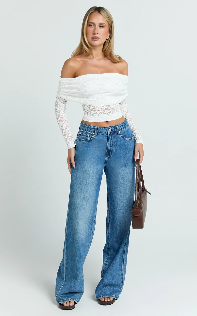 Roxanna Top - Lace Off Shoulder Long Sleeve Top in White