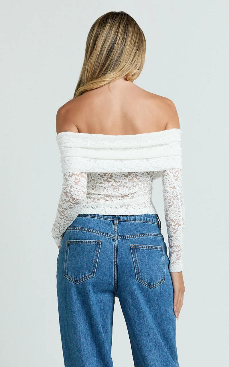Roxanna Top - Lace Off Shoulder Long Sleeve Top in White