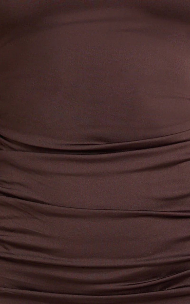 Misty Mini Dress - Wide Neckline Ruched Jersey Dress in Brown