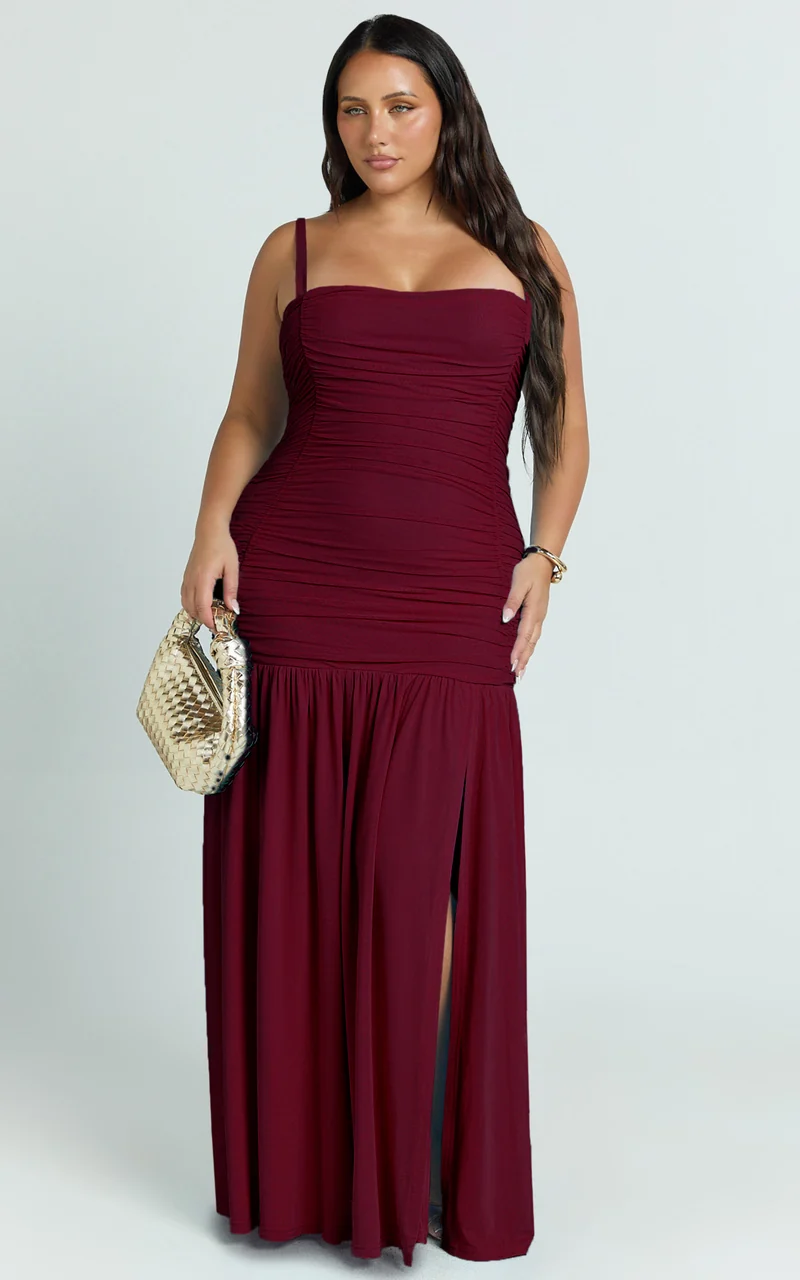 Cardi Maxi Dress - Ruched Mesh High Leg Split Dress in Wine