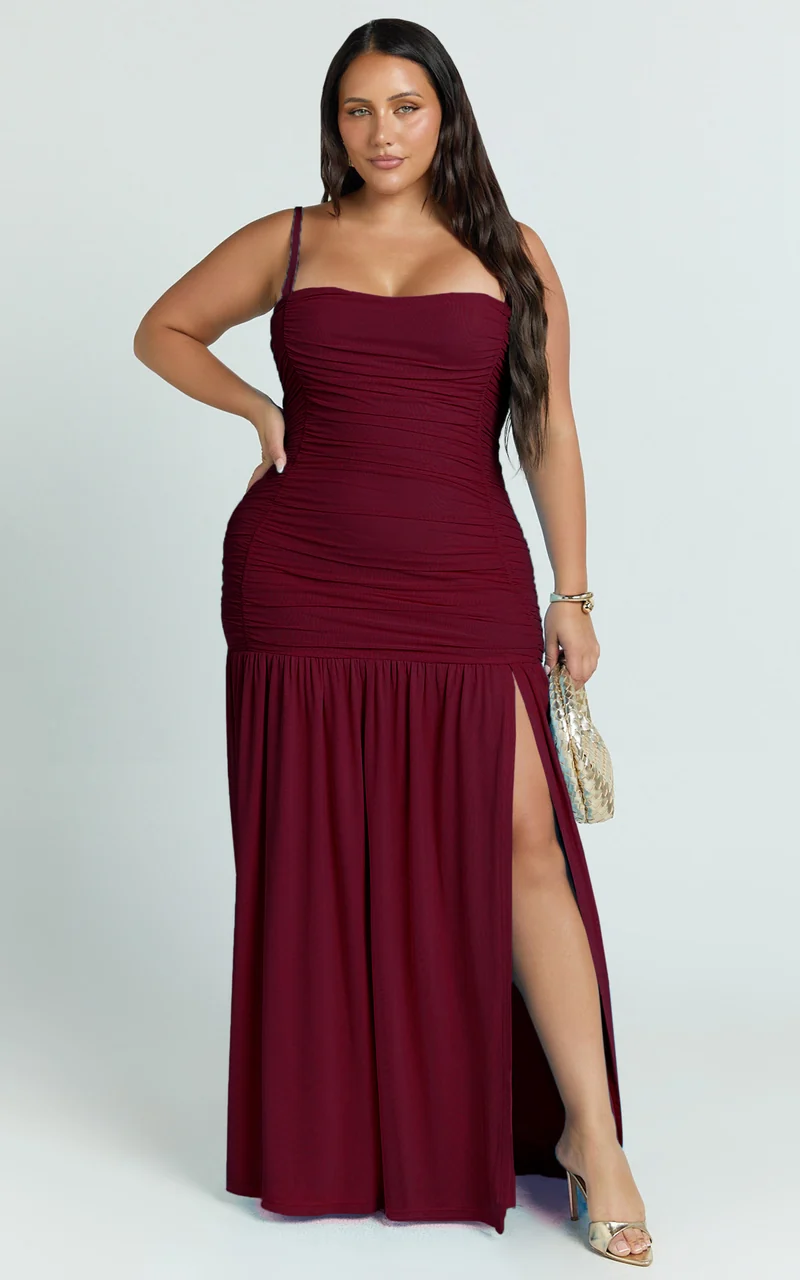 Cardi Maxi Dress - Ruched Mesh High Leg Split Dress in Wine