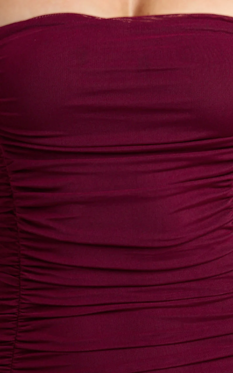 Cardi Maxi Dress - Ruched Mesh High Leg Split Dress in Wine