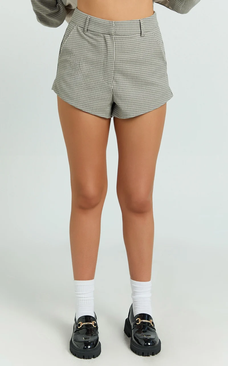 Angela Shorts - High Waist Micro Mini Shorts in Beige Check