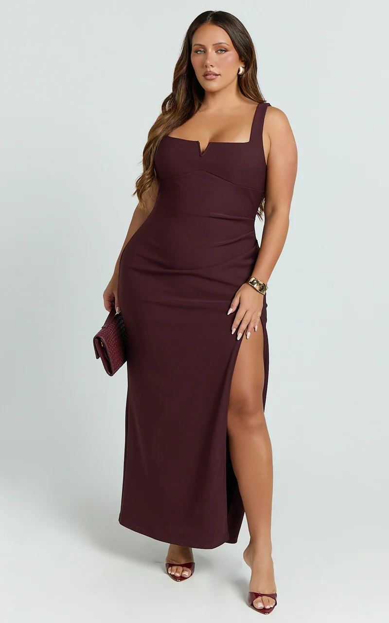 Thelma Maxi Dress - Square Neck Bodycon Dress in Wine